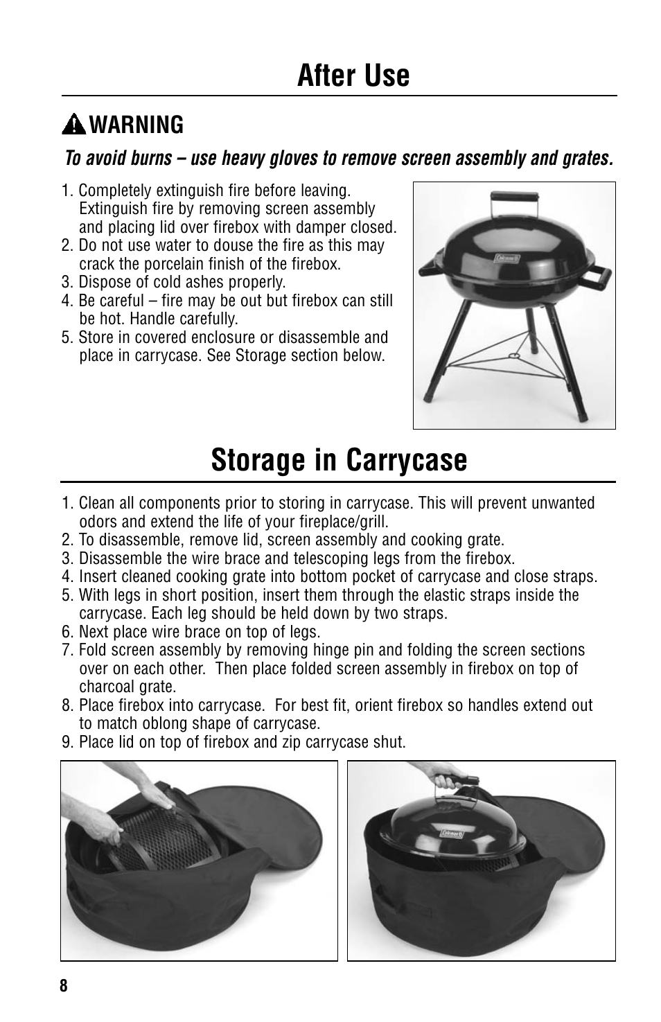 After use storage in carrycase, Warning | Coleman 5065-705 User Manual | Page 8 / 12