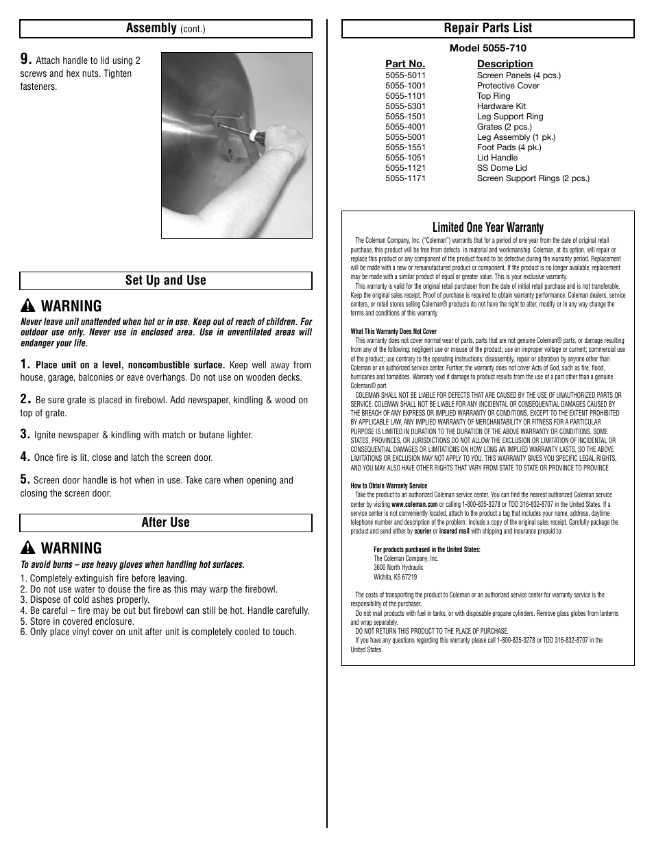 Warning, Set up and use, After use | Repair parts list limited one year warranty, Assembly | Coleman 5055-710 User Manual | Page 3 / 4
