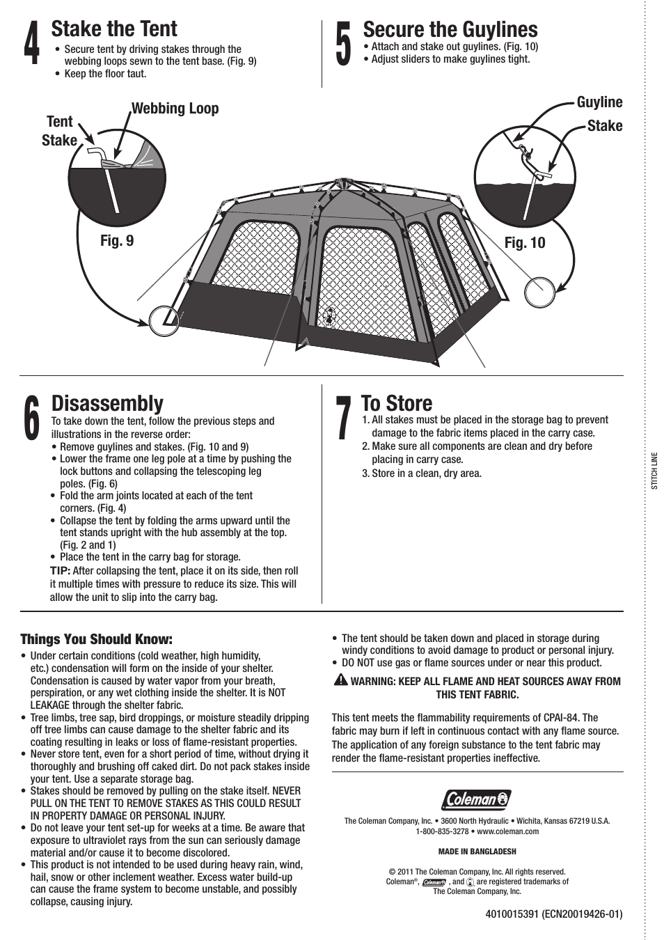 Disassembly, Secure the guylines, Stake the tent | Coleman 2000010195 User Manual | Page 2 / 2