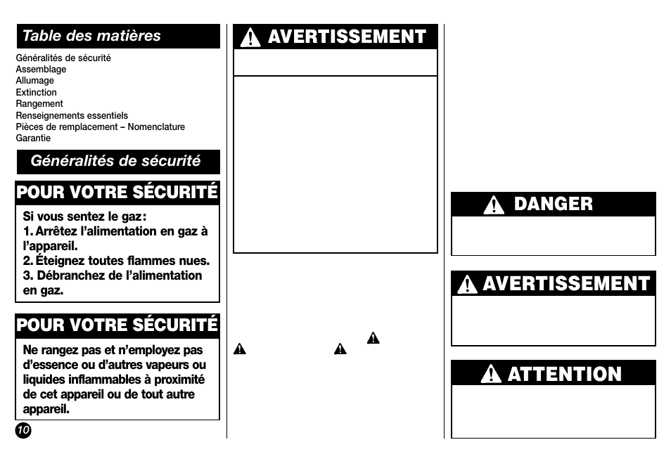 Attention, Avertissement, Danger | Pour votre sécurité | Coleman Propane 5038 User Manual | Page 10 / 24