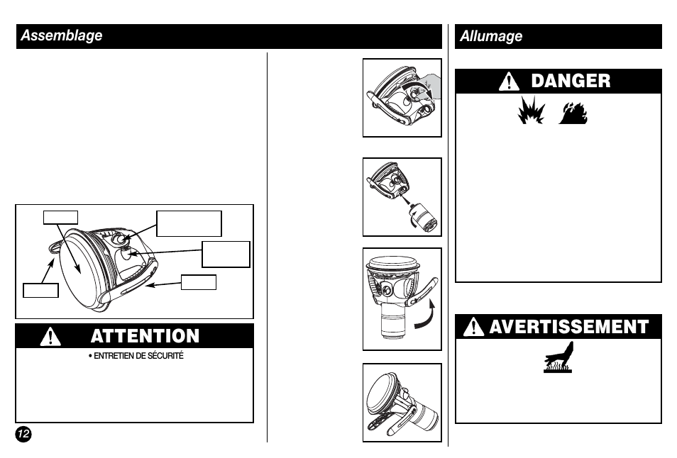 Attention, Avertissement, Danger | Assemblage, Allumage | Coleman Propane 5038 User Manual | Page 12 / 24