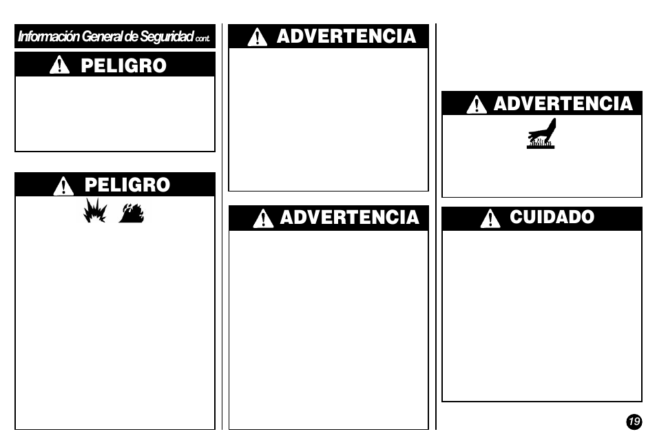 Peligro, Peligro advertencia, Advertencia | Cuidado, Información general de seguridad | Coleman Propane 5038 User Manual | Page 19 / 24