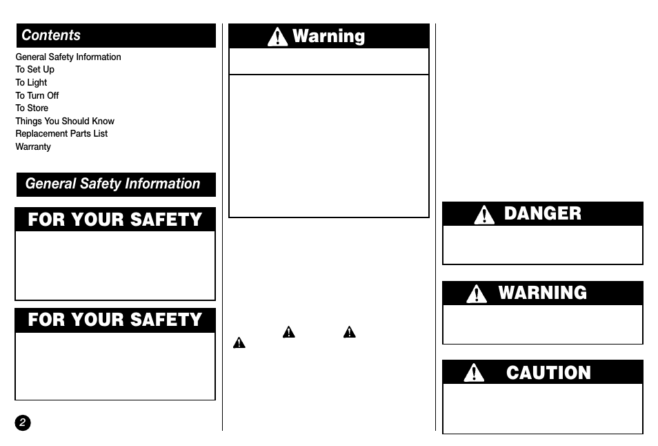 Warning, For your safety, Danger | Caution | Coleman Propane 5038 User Manual | Page 2 / 24