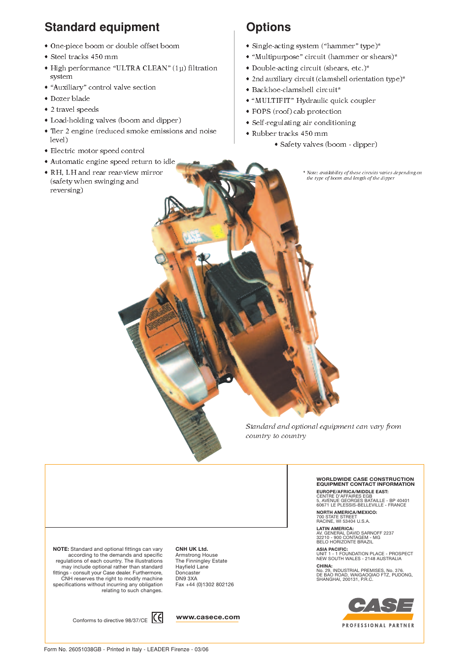 Standard equipment, Options | Case Construction CX75SR User Manual | Page 12 / 12