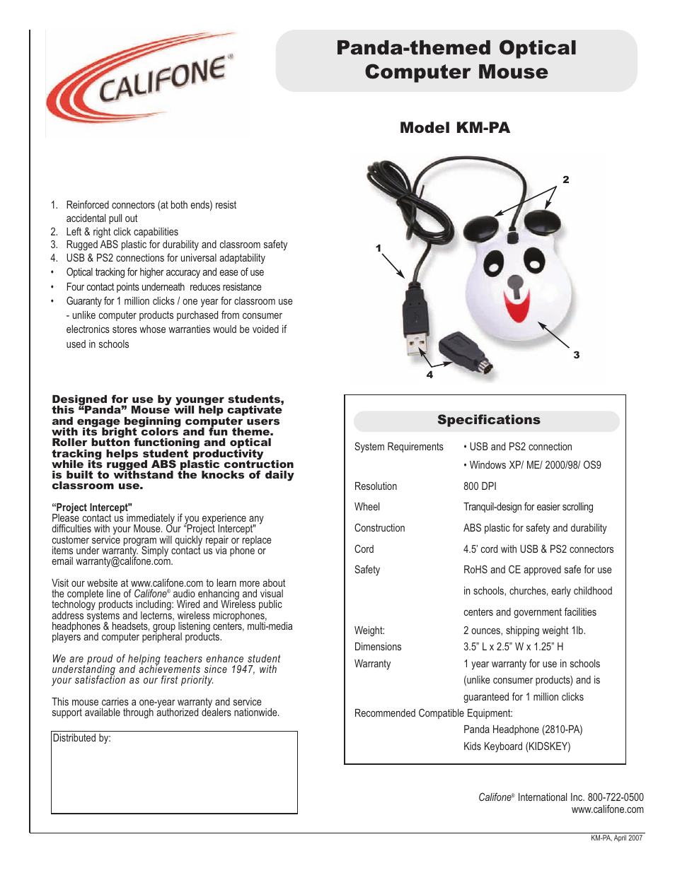 Califone KM-PA User Manual | 1 page