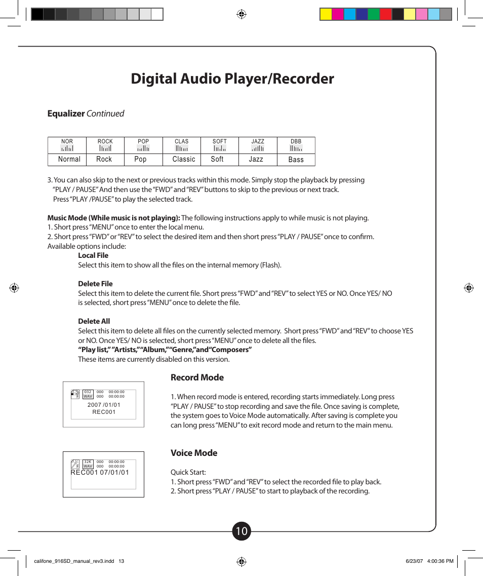 Digital audio player/recorder, Music mode continued, Equalizer continued | Record mode, Voice mode, Local file, Local file delete file delete all file exit | Califone POWERPRO 916-SD PA916-SD User Manual | Page 11 / 24