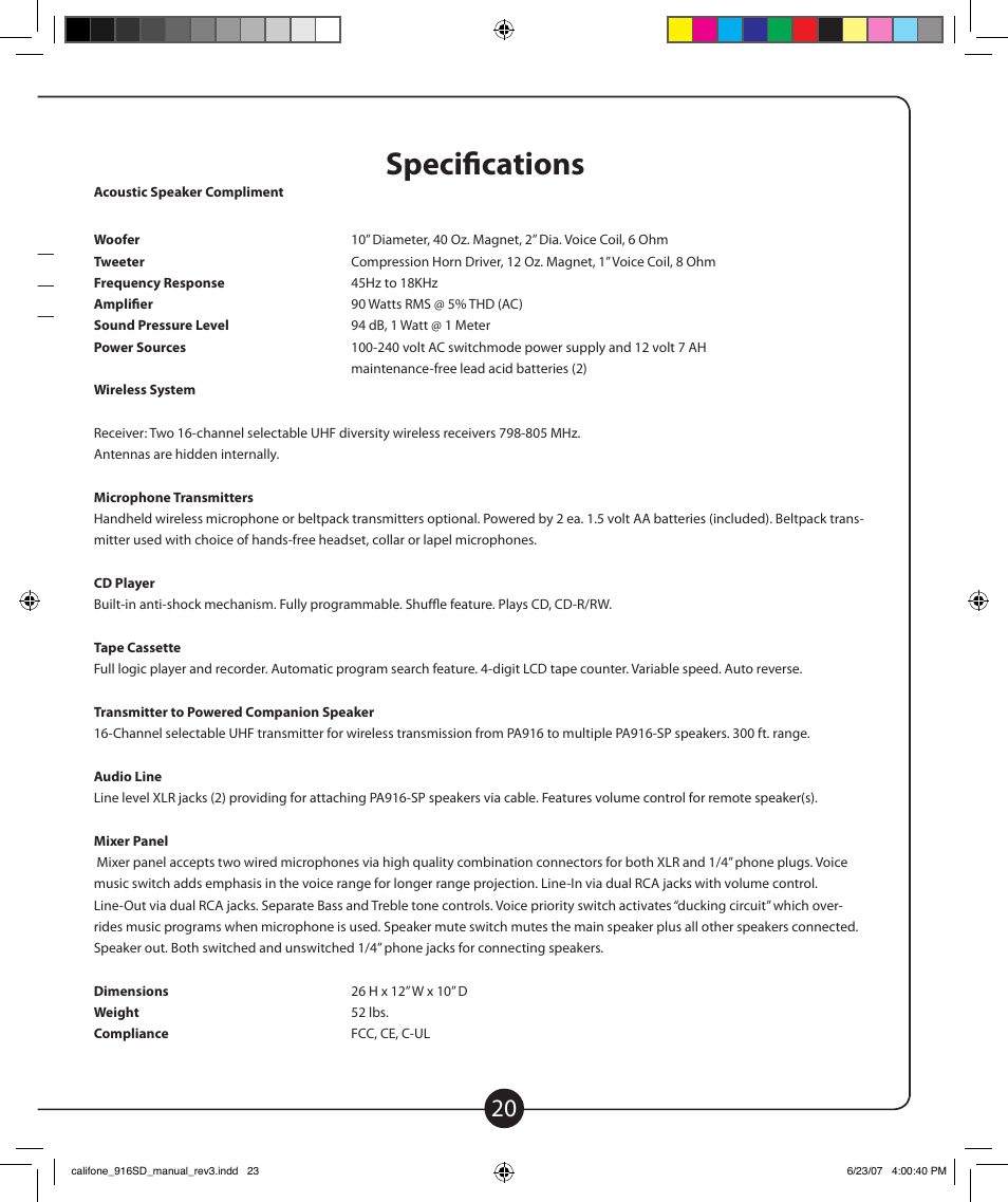 Specifications, Pa916-sp | Califone POWERPRO 916-SD PA916-SD User Manual | Page 21 / 24