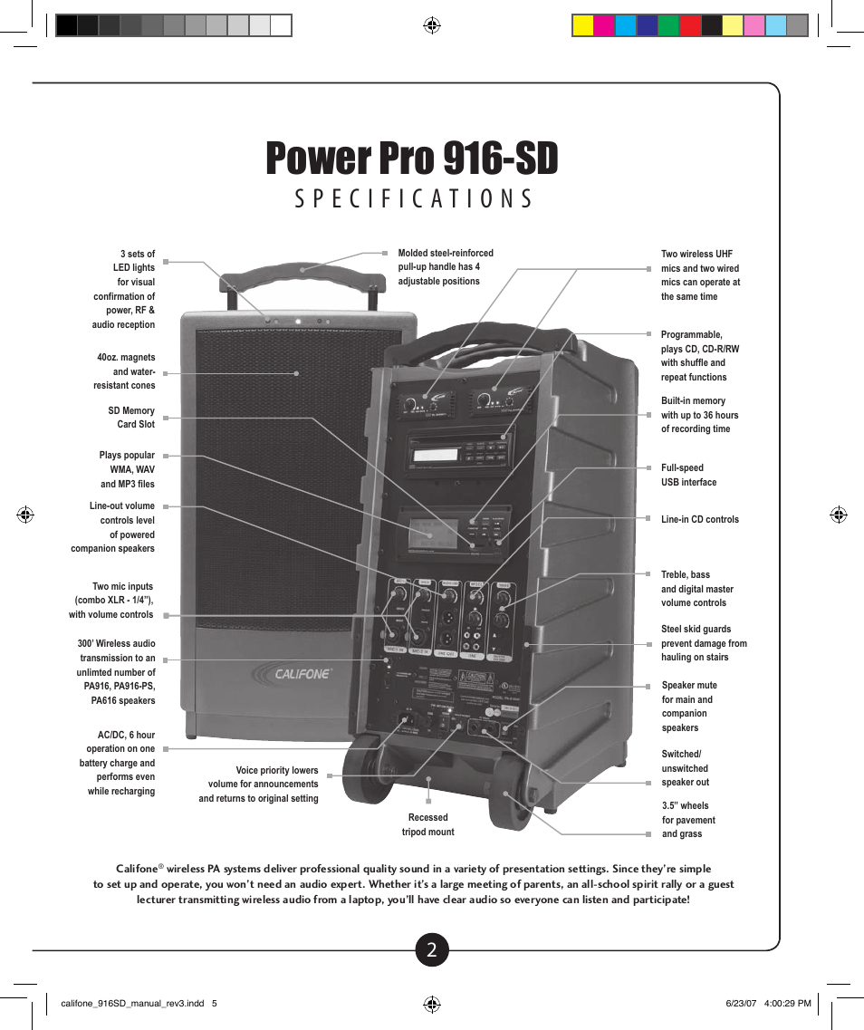 Power pro 916-sd owner’s manual, Power pro 916-sd | Califone POWERPRO 916-SD PA916-SD User Manual | Page 3 / 24