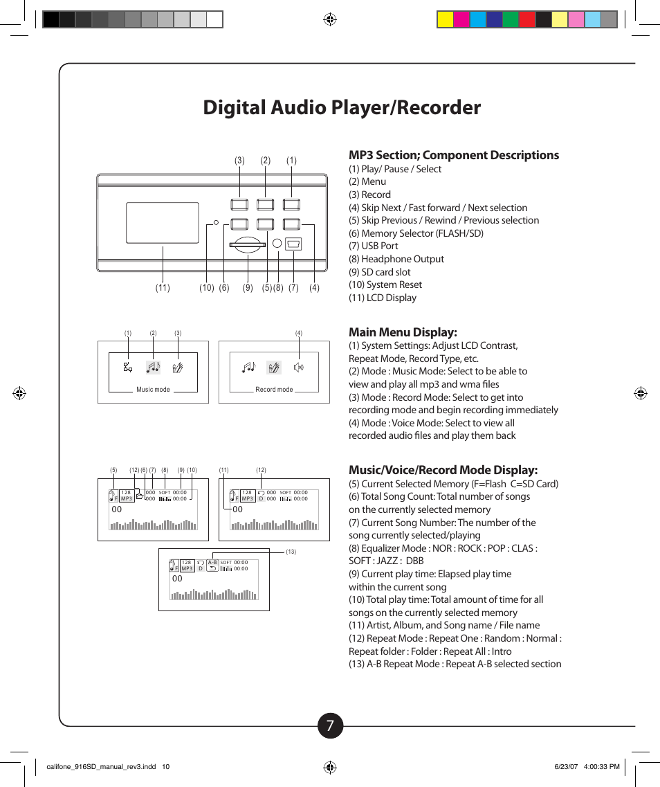 Digital audio player/recorder, Main menu display, Music/voice/record mode display | User s guide, Exit, Repeat | Califone POWERPRO 916-SD PA916-SD User Manual | Page 8 / 24