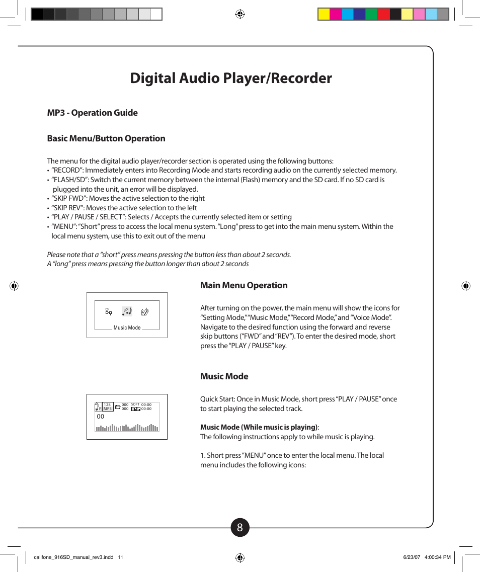 Digital audio player/recorder, Mp3 - operation guide basic menu/button operation, Main menu operation | Music mode | Califone POWERPRO 916-SD PA916-SD User Manual | Page 9 / 24