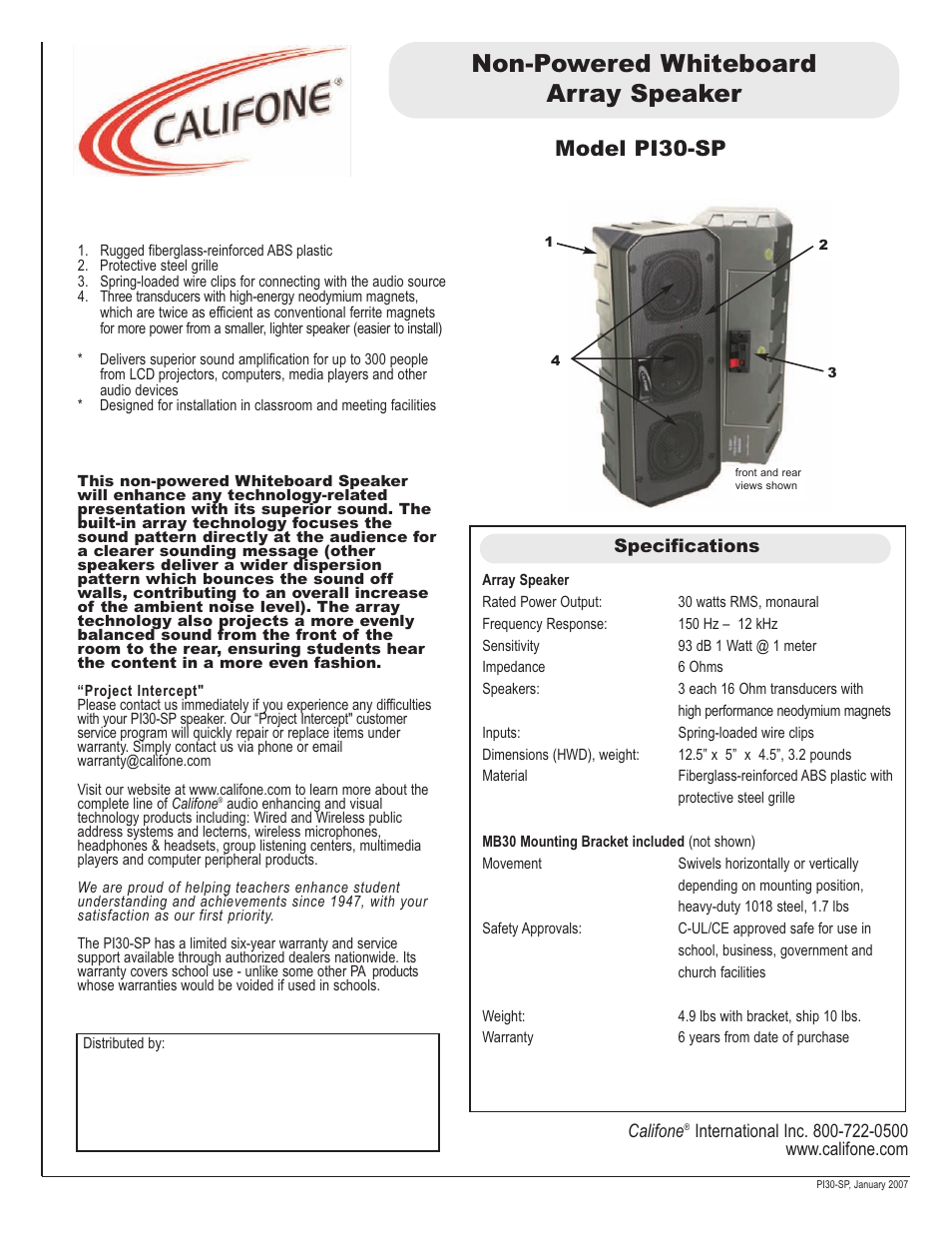 Califone PI30-SP User Manual | 1 page