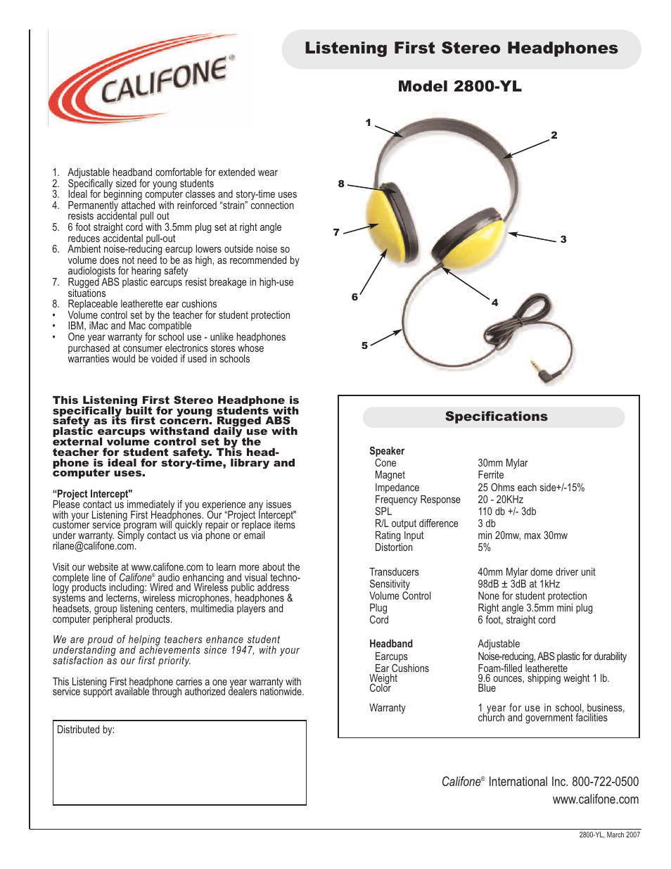 Califone 2800-YL User Manual | 1 page