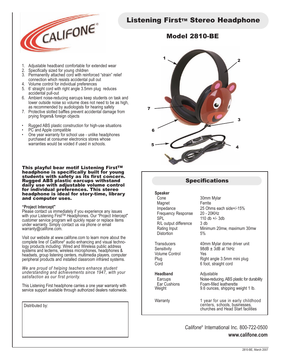 Califone 2810-BE User Manual | 1 page