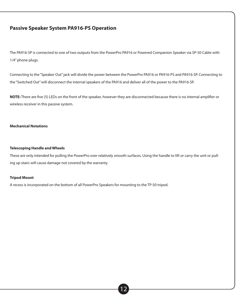 Passive speaker system pa916-ps operation | Califone POWERPRO PA916 User Manual | Page 13 / 16