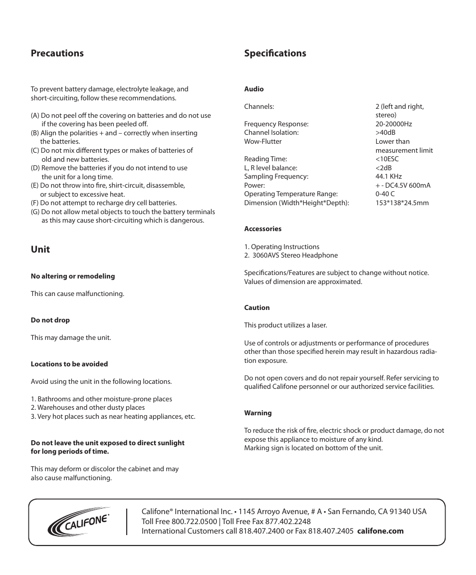 Precautions, Unit, Specifications | Califone CD102 User Manual | Page 12 / 12