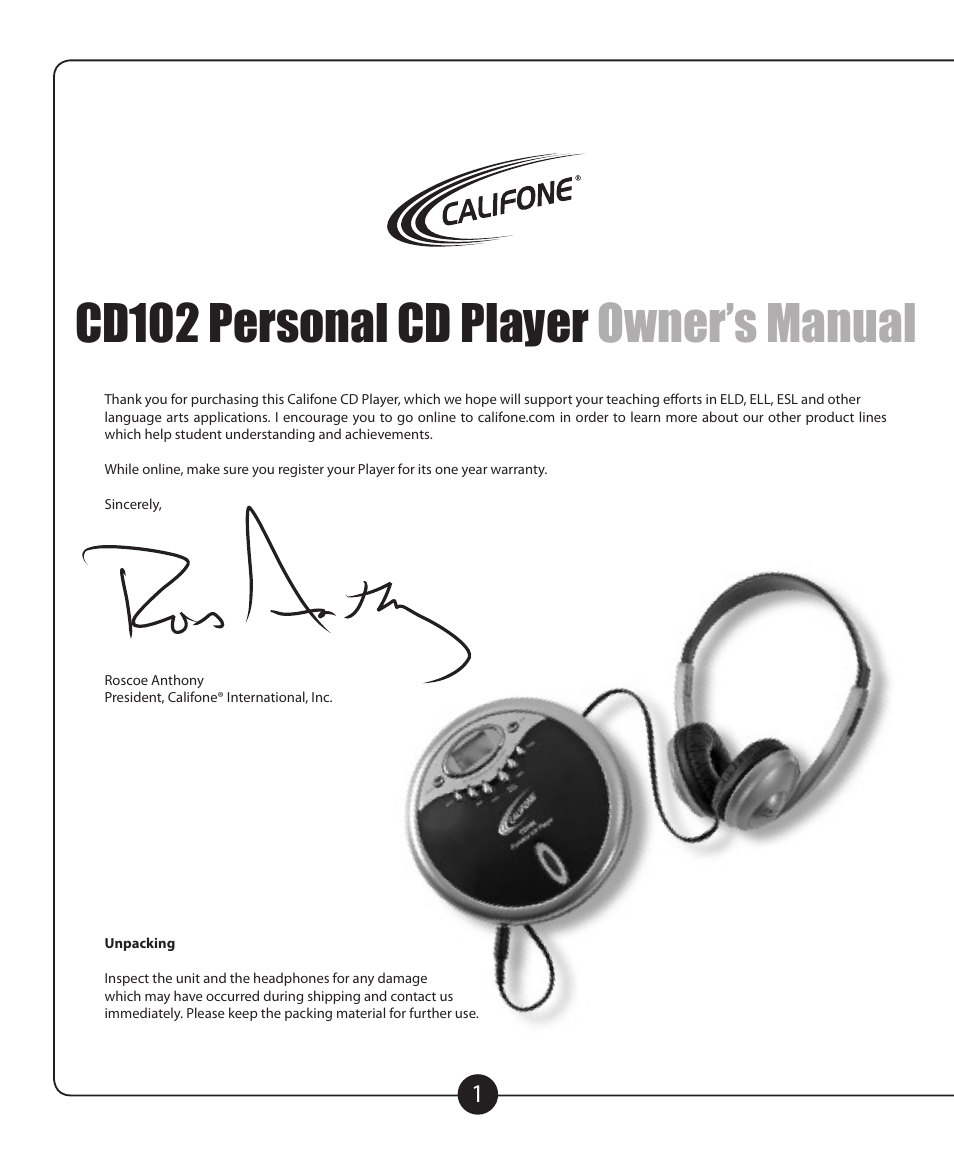 Cd102 personal cd player owner’s manual | Califone CD102 User Manual | Page 2 / 12