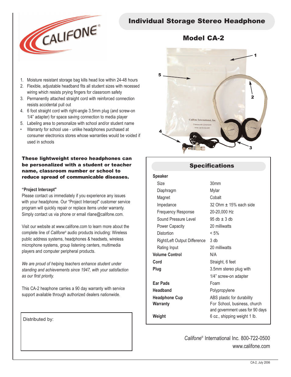 Califone CA-2 User Manual | 1 page