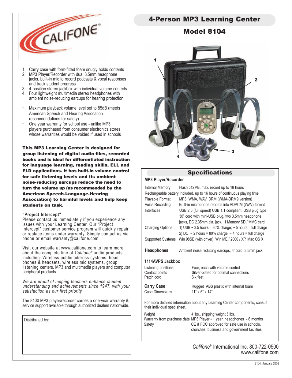 Califone 8104 User Manual | 1 page