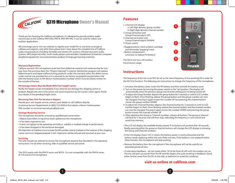 Q319 microphone owner’s manual, Features, Instructions | Califone Q319 User Manual | Page 2 / 2