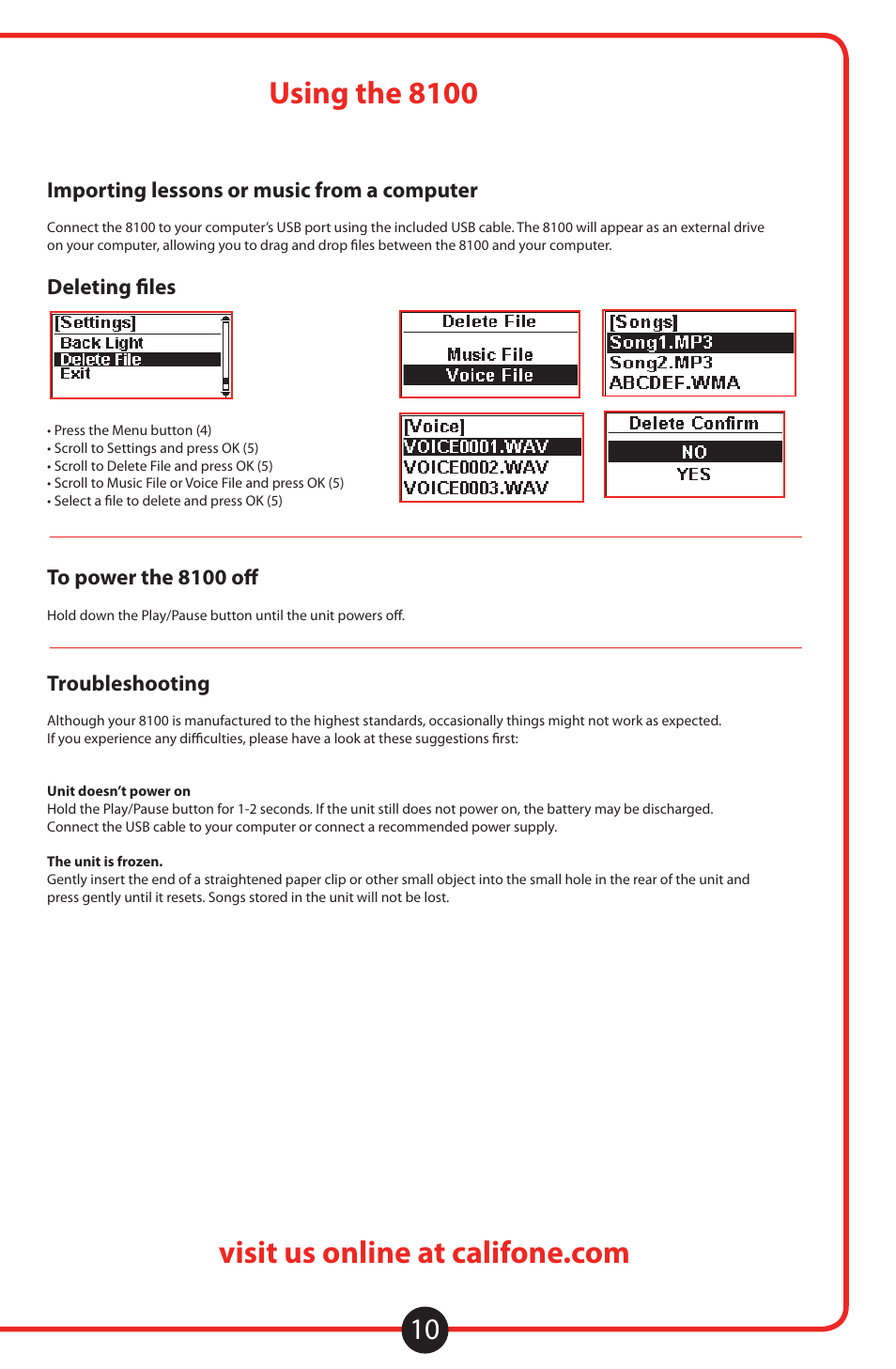 Using the 8100, Continued, Importing lessons or music from a computer | Deleting files, Troubleshooting | Califone 8100 User Manual | Page 11 / 16