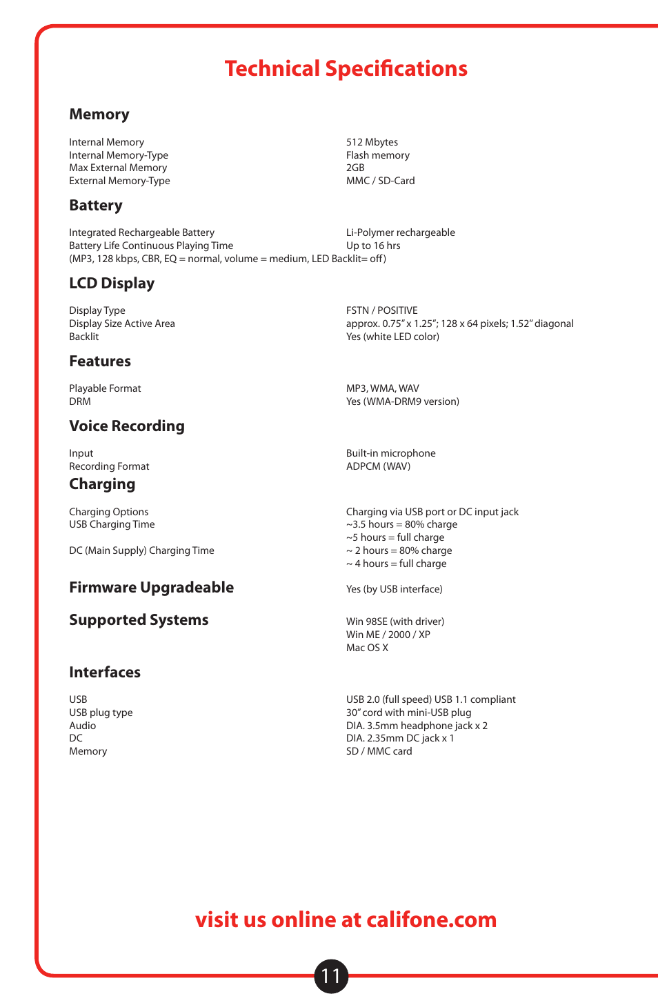 Battery, Lcd display, Features | Voice recording, Charging, Firmware upgradeable, Supported systems, Interfaces | Califone 8100 User Manual | Page 12 / 16