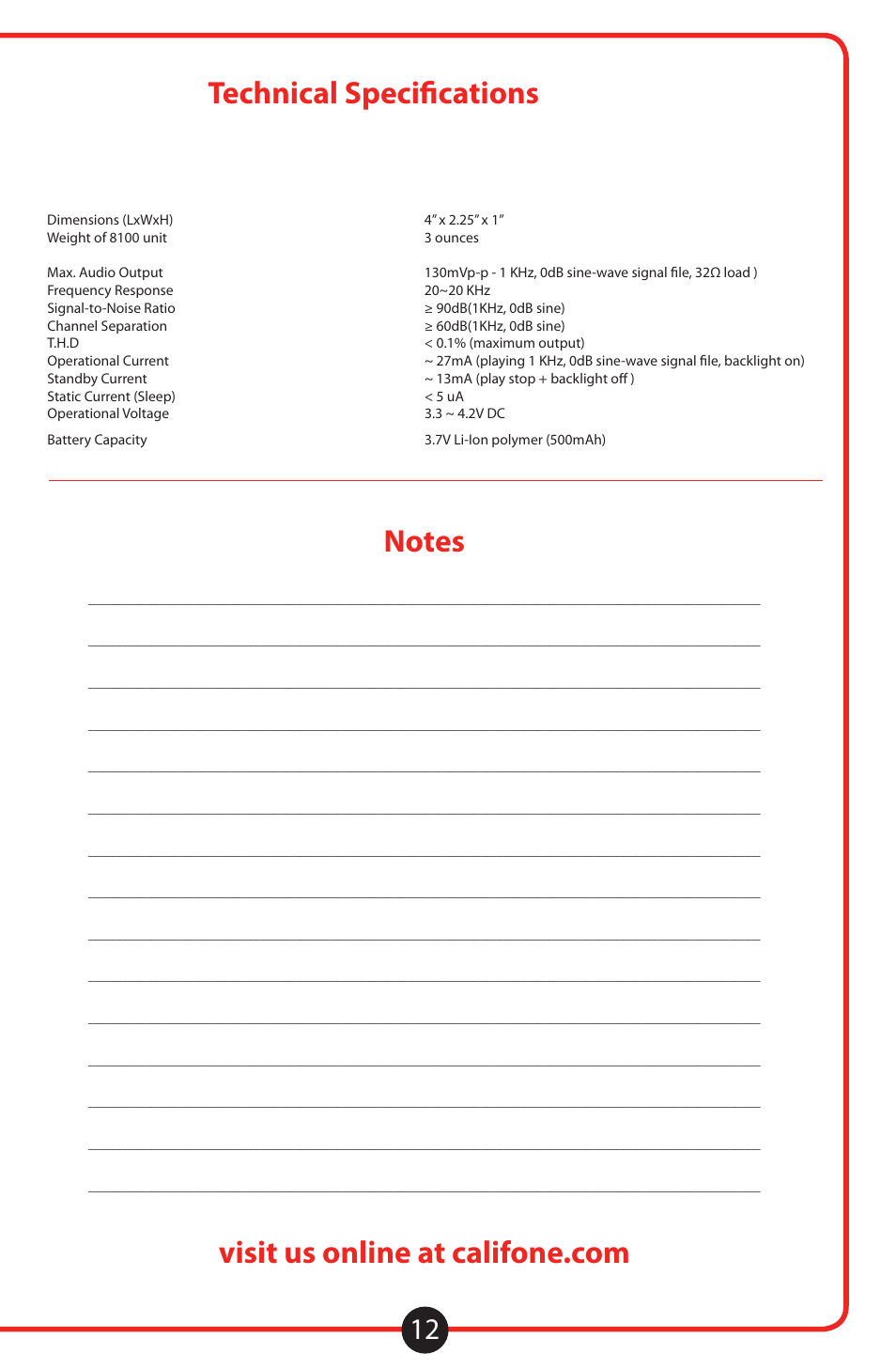 Technical specifications, Continued | Califone 8100 User Manual | Page 13 / 16