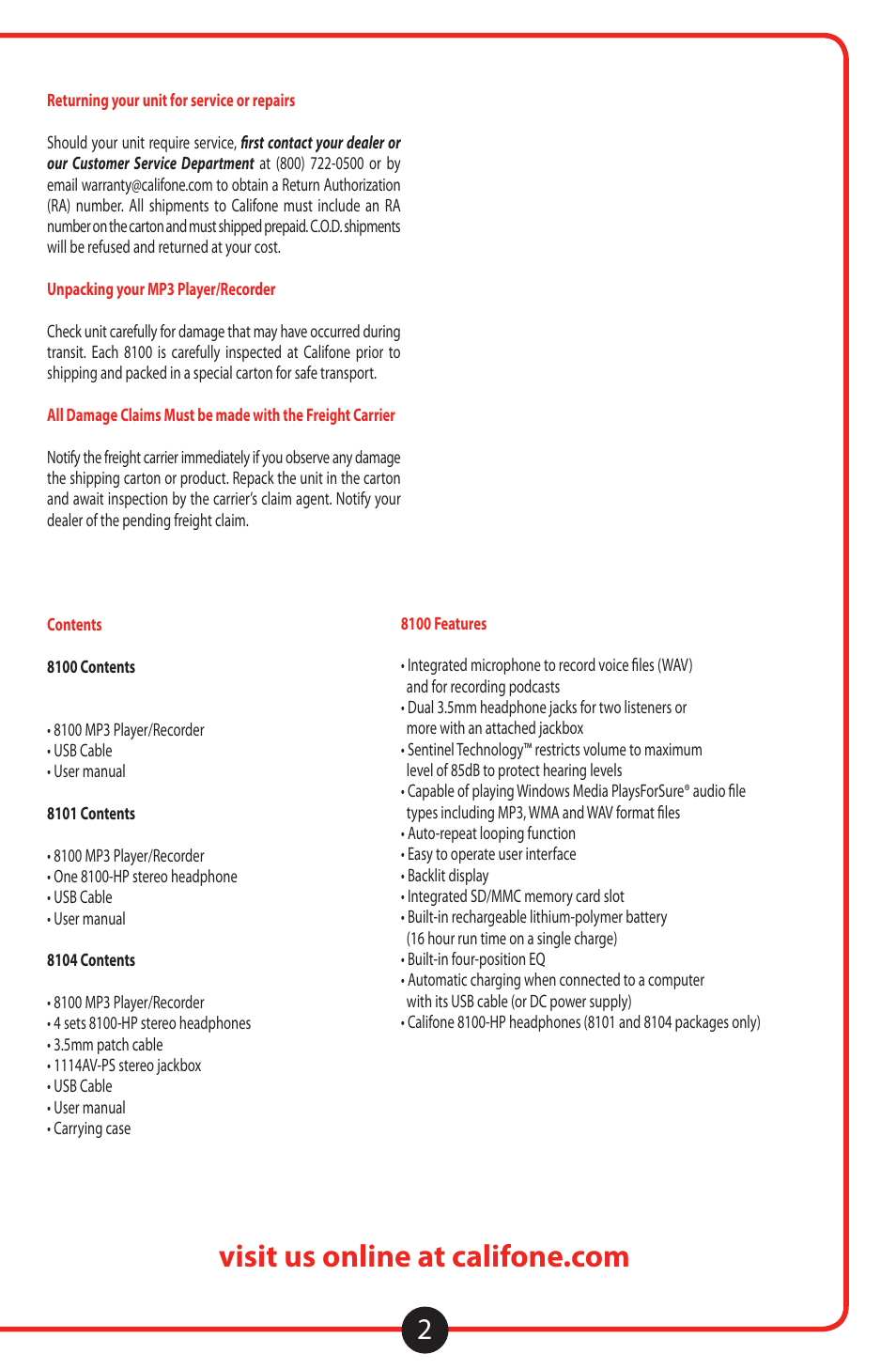 Califone 8100 User Manual | Page 3 / 16