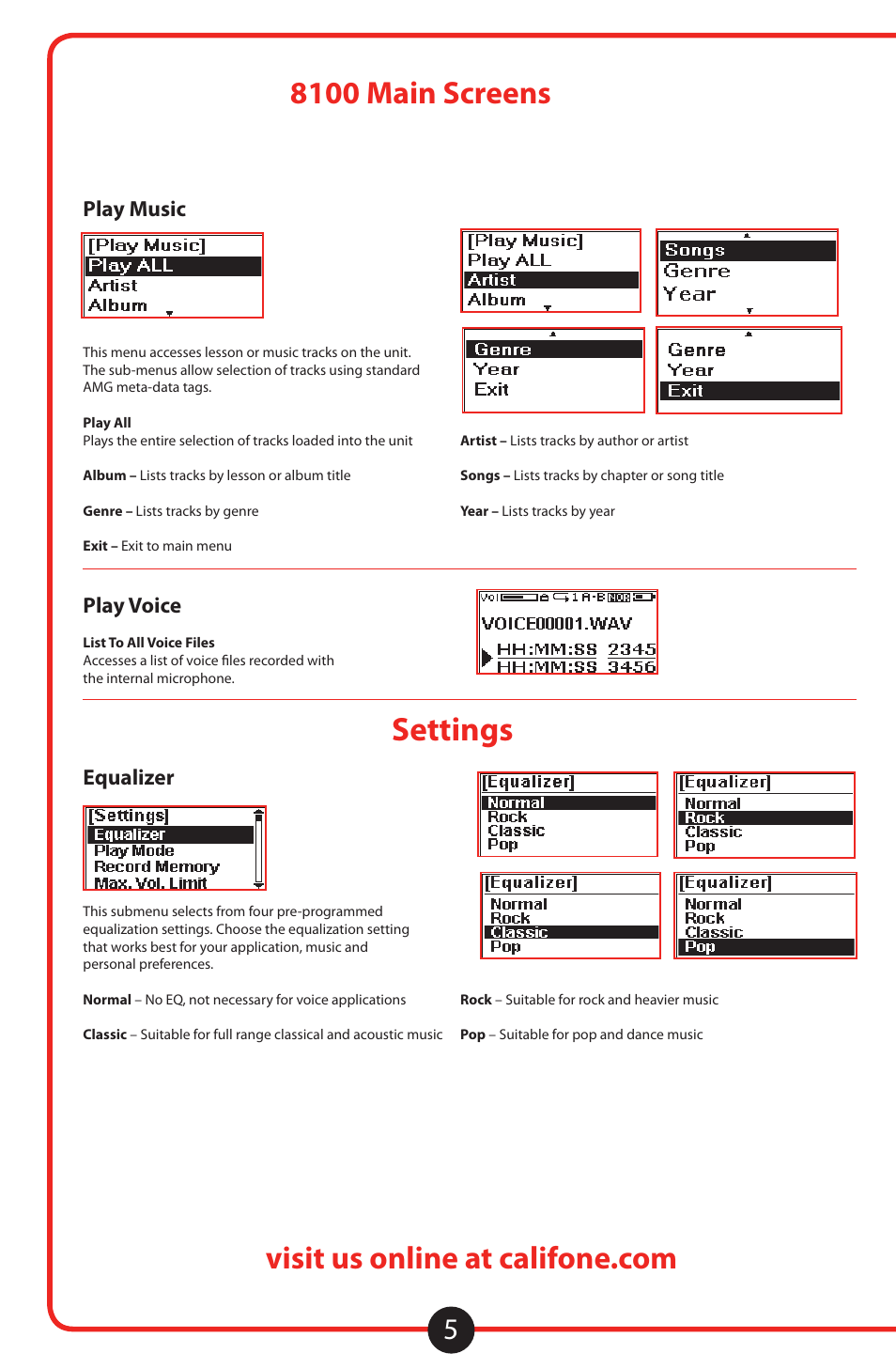 Settings, 8100 main screens, Continued | Play music, Play voice, Equalizer | Califone 8100 User Manual | Page 6 / 16