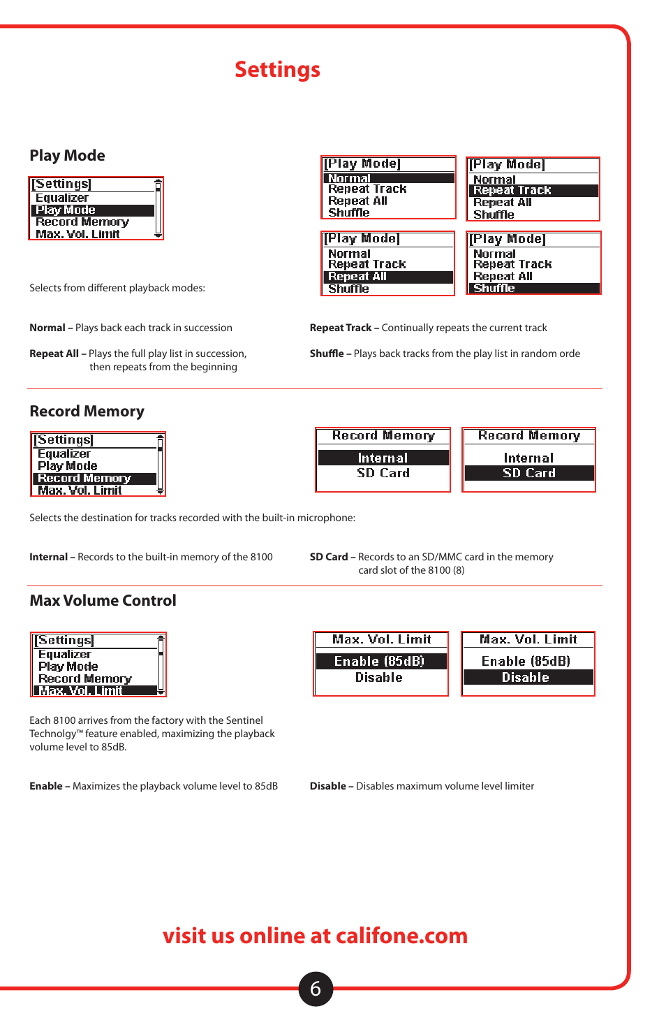 Settings, Continued, Play mode | Max volume control | Califone 8100 User Manual | Page 7 / 16