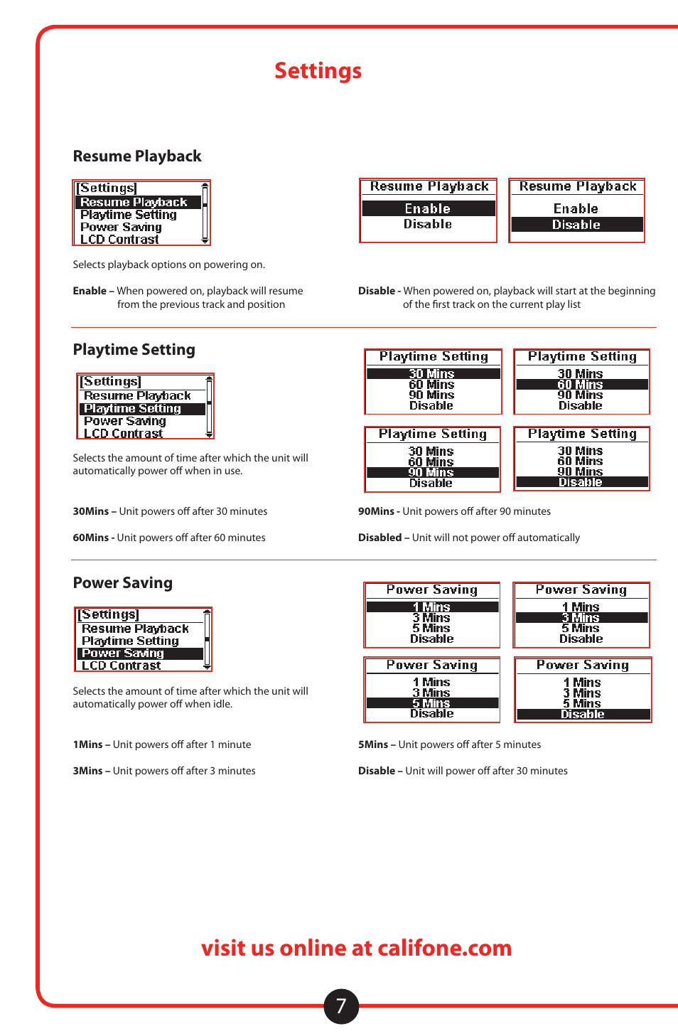 Settings, Continued, Resume playback | Playtime setting, Power saving | Califone 8100 User Manual | Page 8 / 16