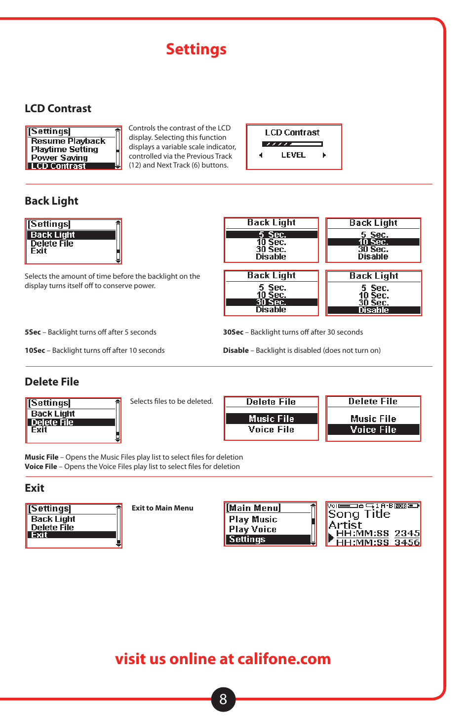 Settings, Continued, Lcd contrast | Back light, Delete file, Exit | Califone 8100 User Manual | Page 9 / 16