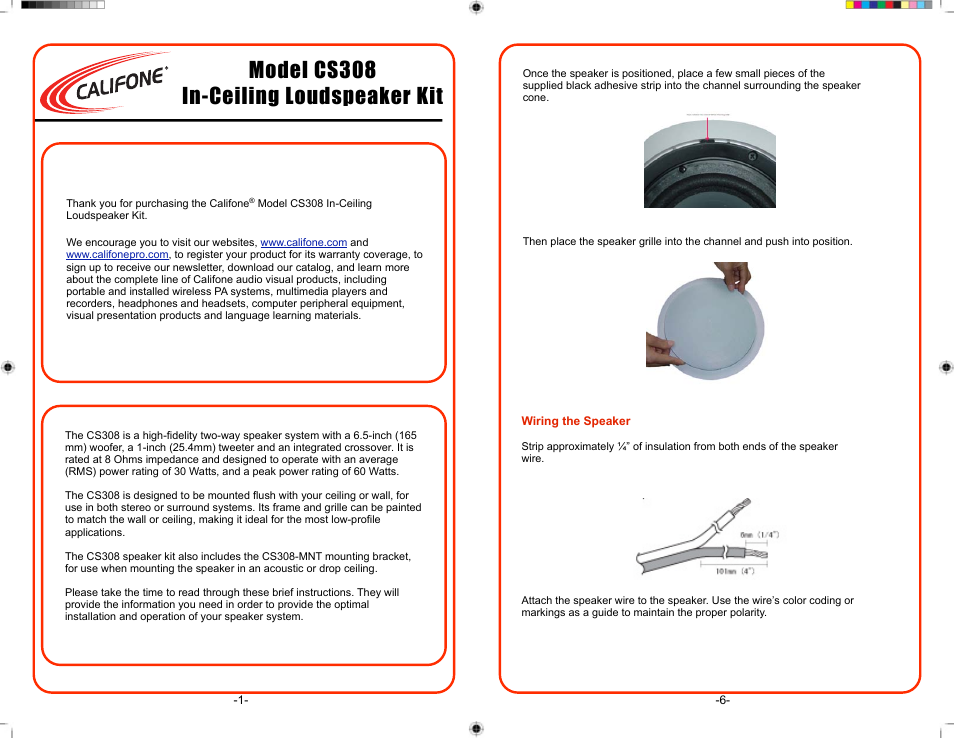Model cs308 in-ceiling loudspeaker kit, Wiring the speaker | Califone CS308 User Manual | Page 2 / 4