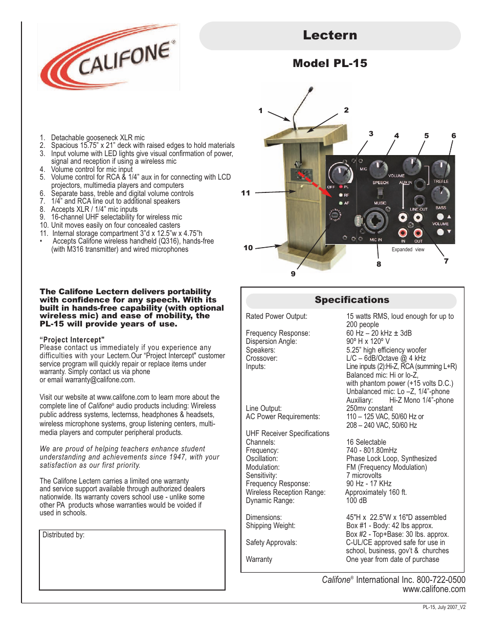 Califone Lectern PL-15 User Manual | 1 page