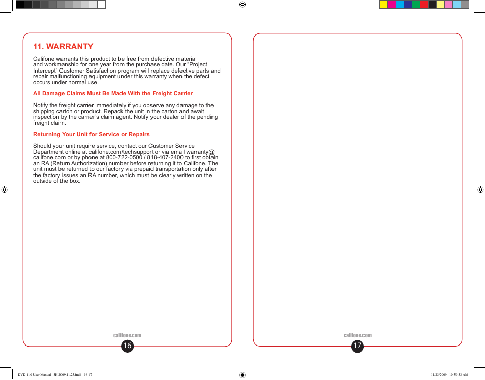 16 11. warranty | Califone DVD-110 User Manual | Page 10 / 11