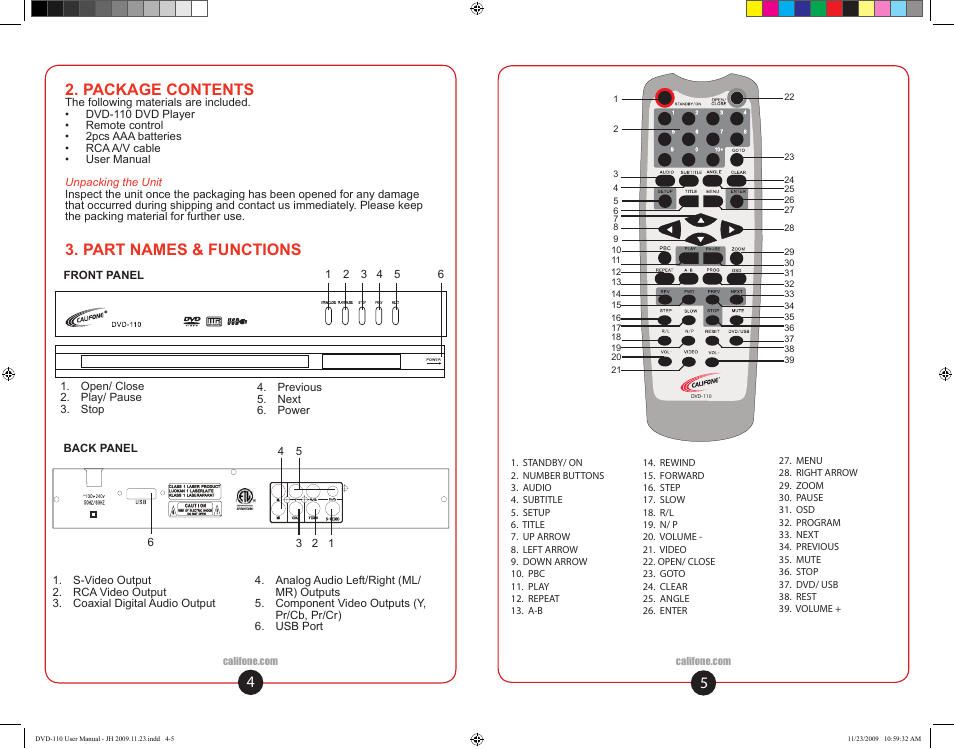 Package contents, Part names & functions | Califone DVD-110 User Manual | Page 4 / 11