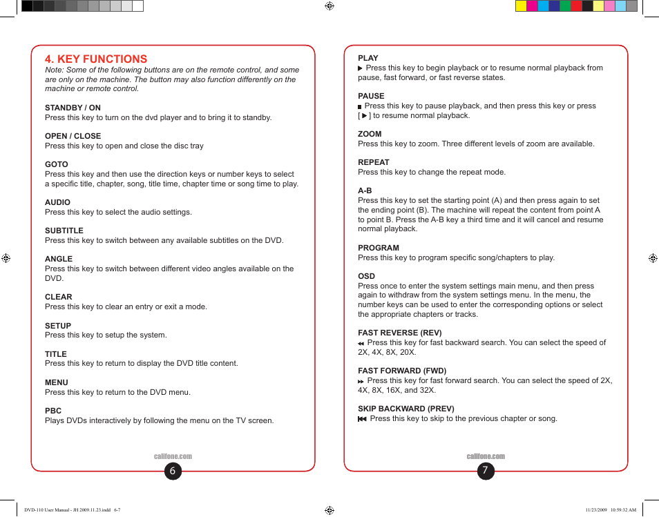 Key functions | Califone DVD-110 User Manual | Page 5 / 11