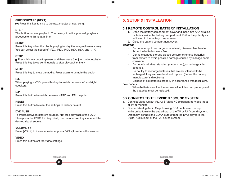 Setup & installation | Califone DVD-110 User Manual | Page 6 / 11