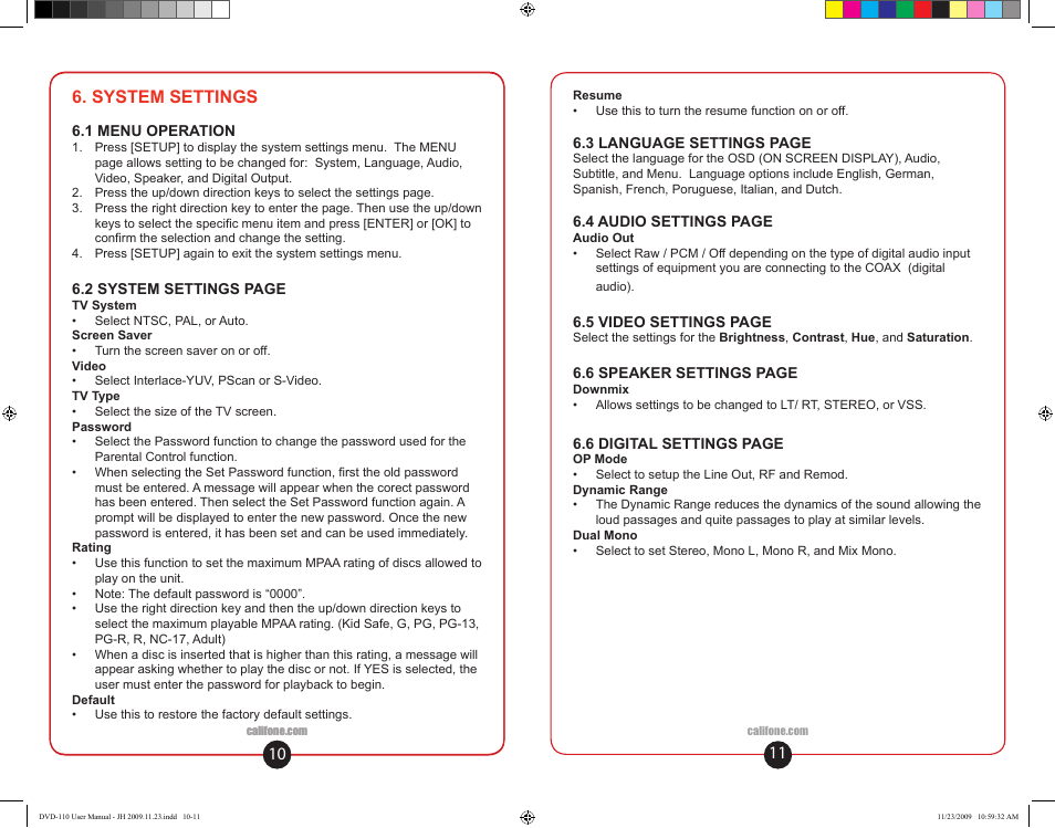 10 6. system settings | Califone DVD-110 User Manual | Page 7 / 11