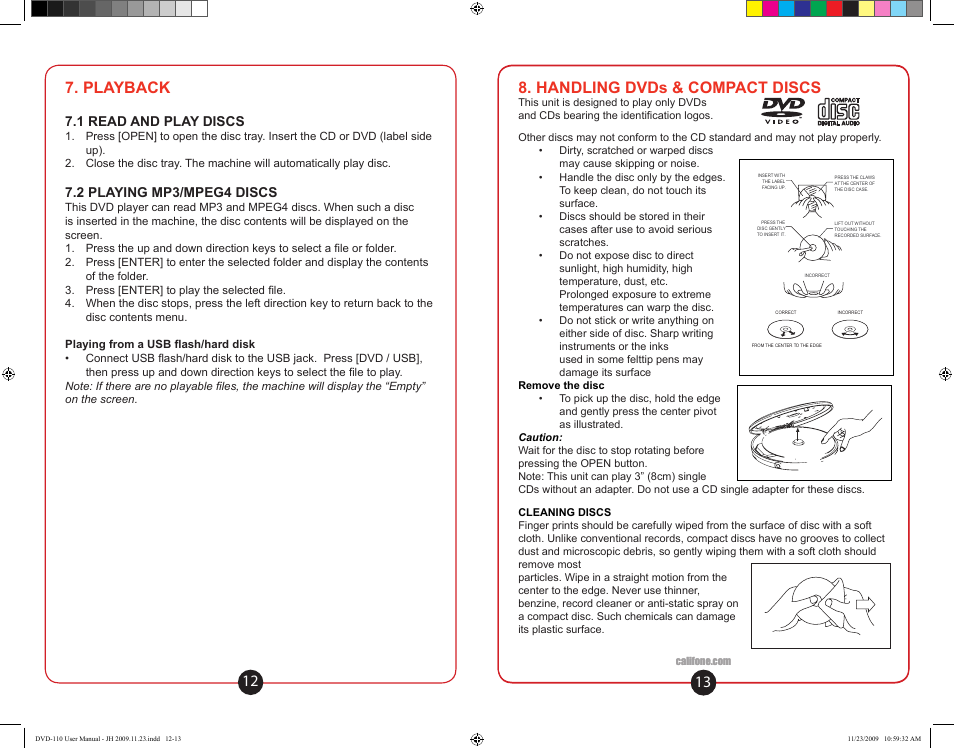 Playback, Handling dvds & compact discs, 1 read and play discs | 2 playing mp3/mpeg4 discs | Califone DVD-110 User Manual | Page 8 / 11