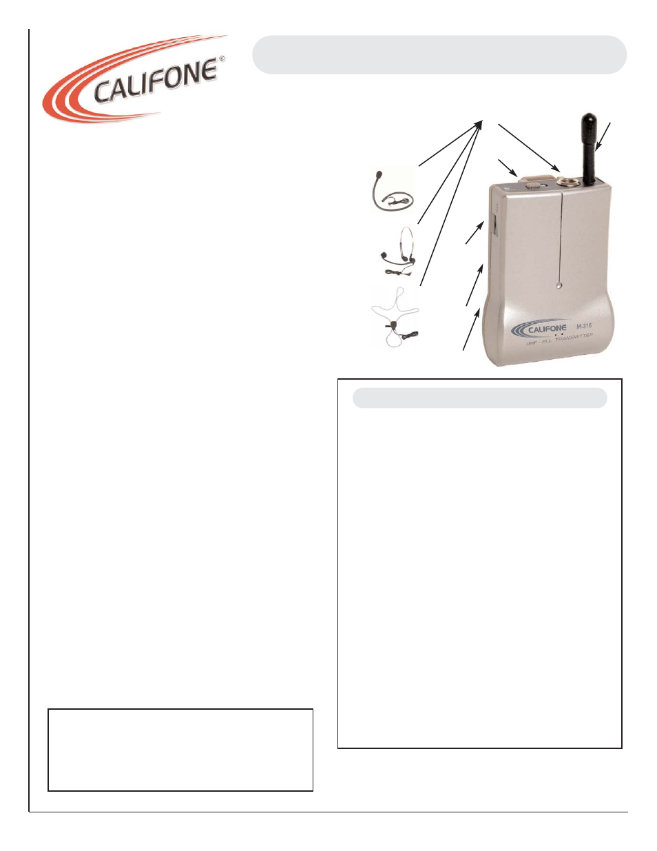 Califone Beltpack Transmitter & Wireless Mics M-316 User Manual | 1 page