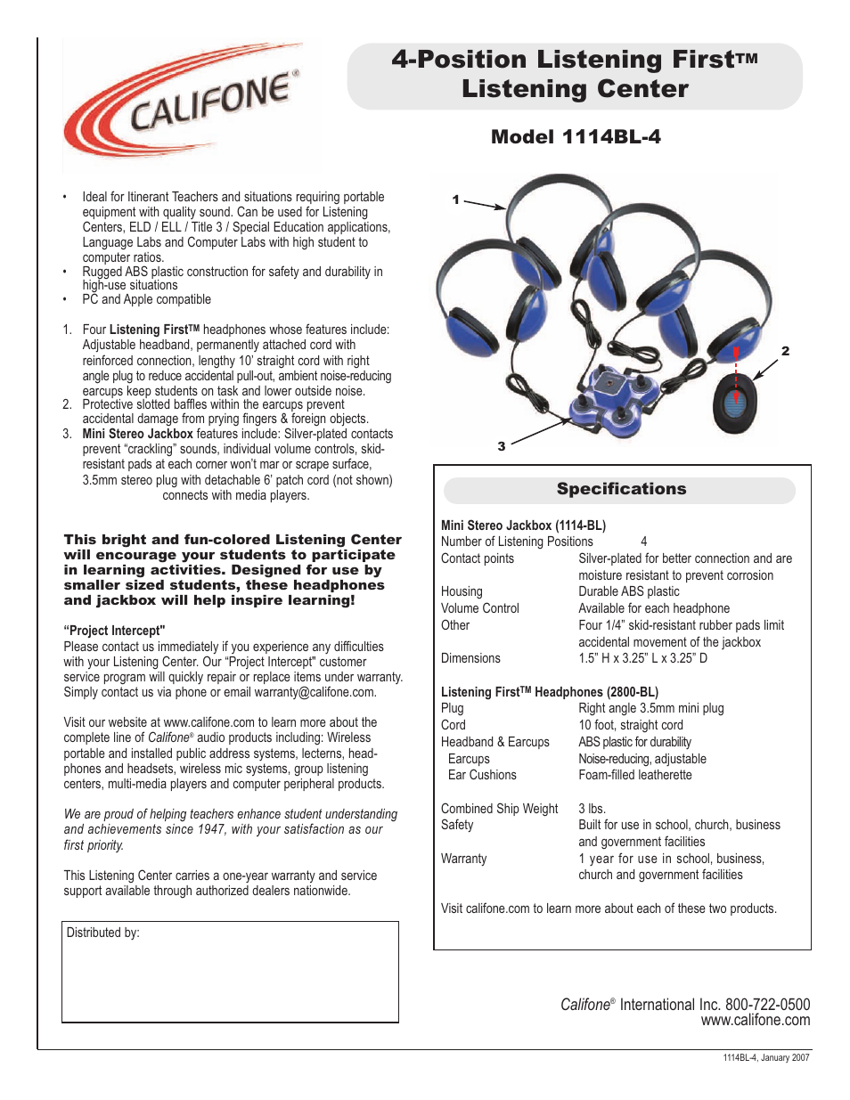 Califone 4-Position Listening First Listening Center 1114BL-4 User Manual | 1 page