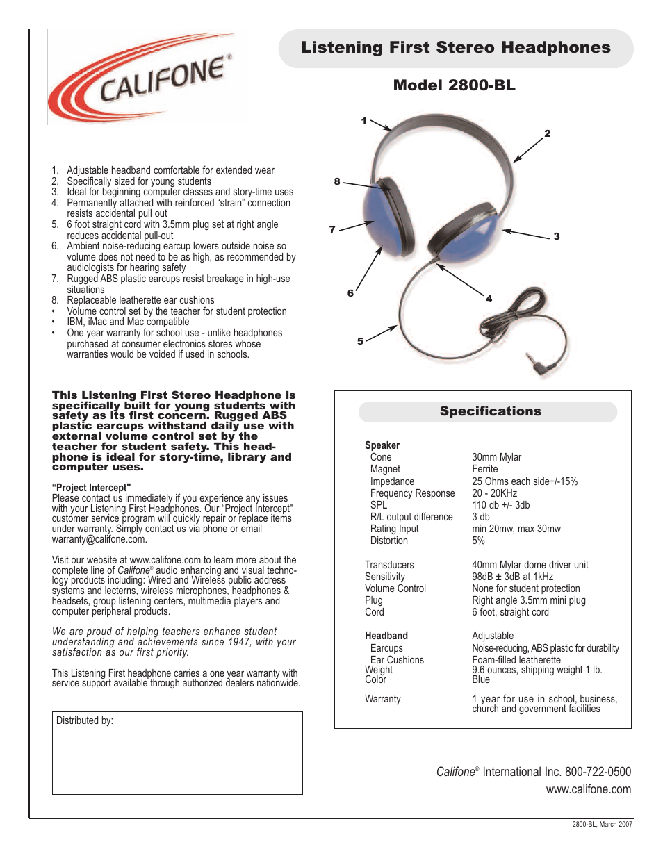 Califone 2800-BL User Manual | 1 page