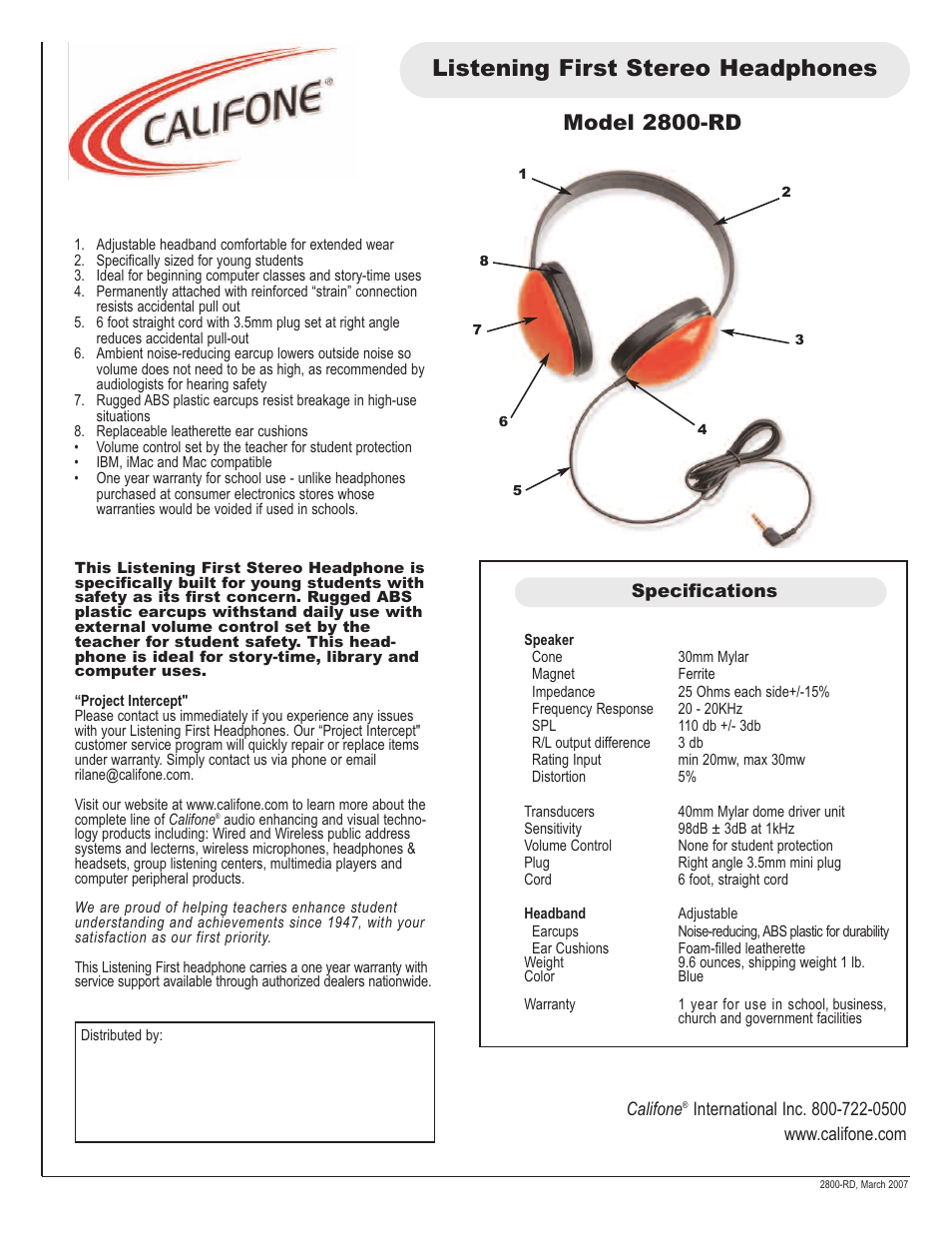 Califone 2800-RD User Manual | 1 page