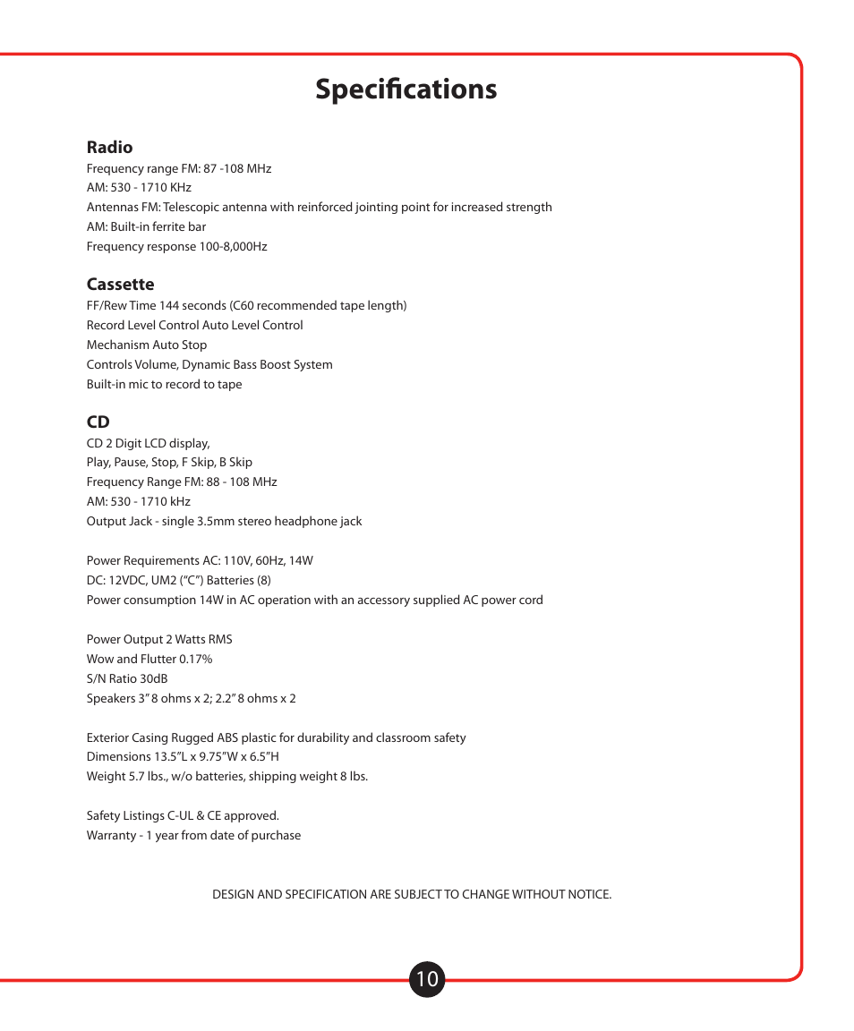 Troubleshooting, Specifications, Radio | Cassette | Califone 1776 User Manual | Page 11 / 16