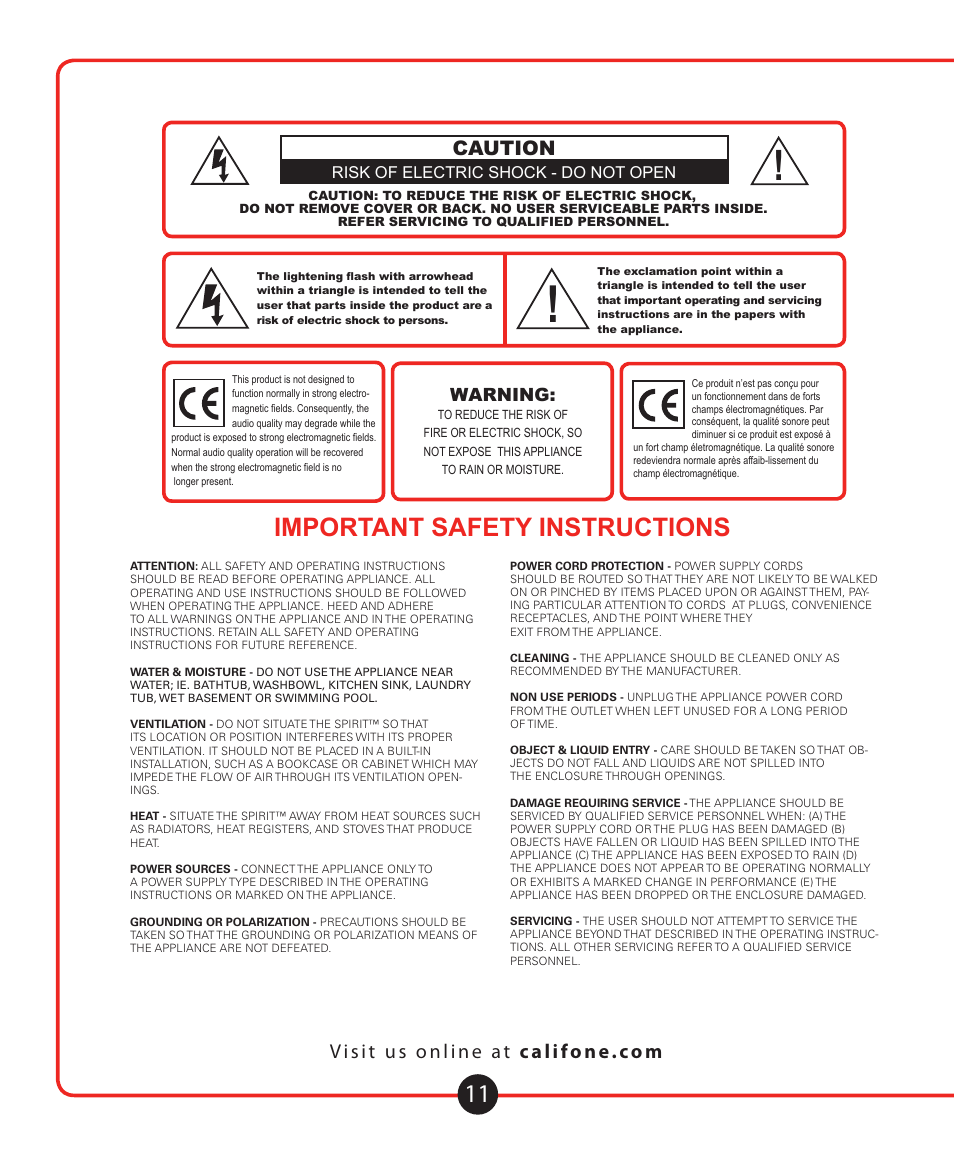 Expanded uses for the spirit, Important safety instructions, Caution | Warning | Califone 1776 User Manual | Page 12 / 16