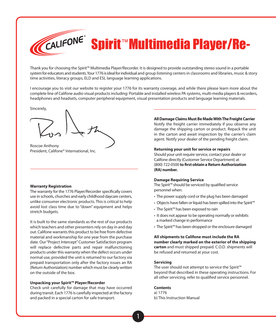 Spirit, Multimedia player/re, Location of controls and indicators lcd display | Califone 1776 User Manual | Page 2 / 16