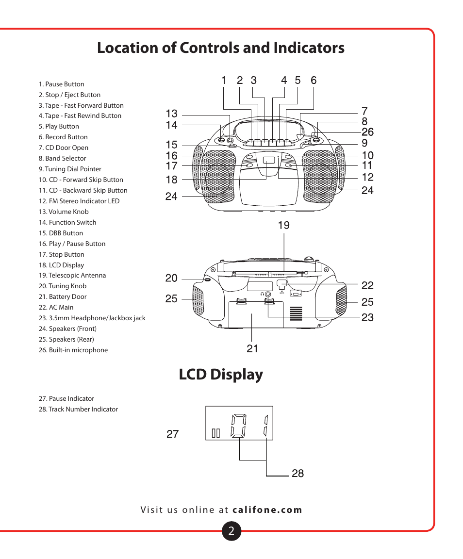Spirit, Multimedia player/re, Location of controls and indicators lcd display | Califone 1776 User Manual | Page 3 / 16