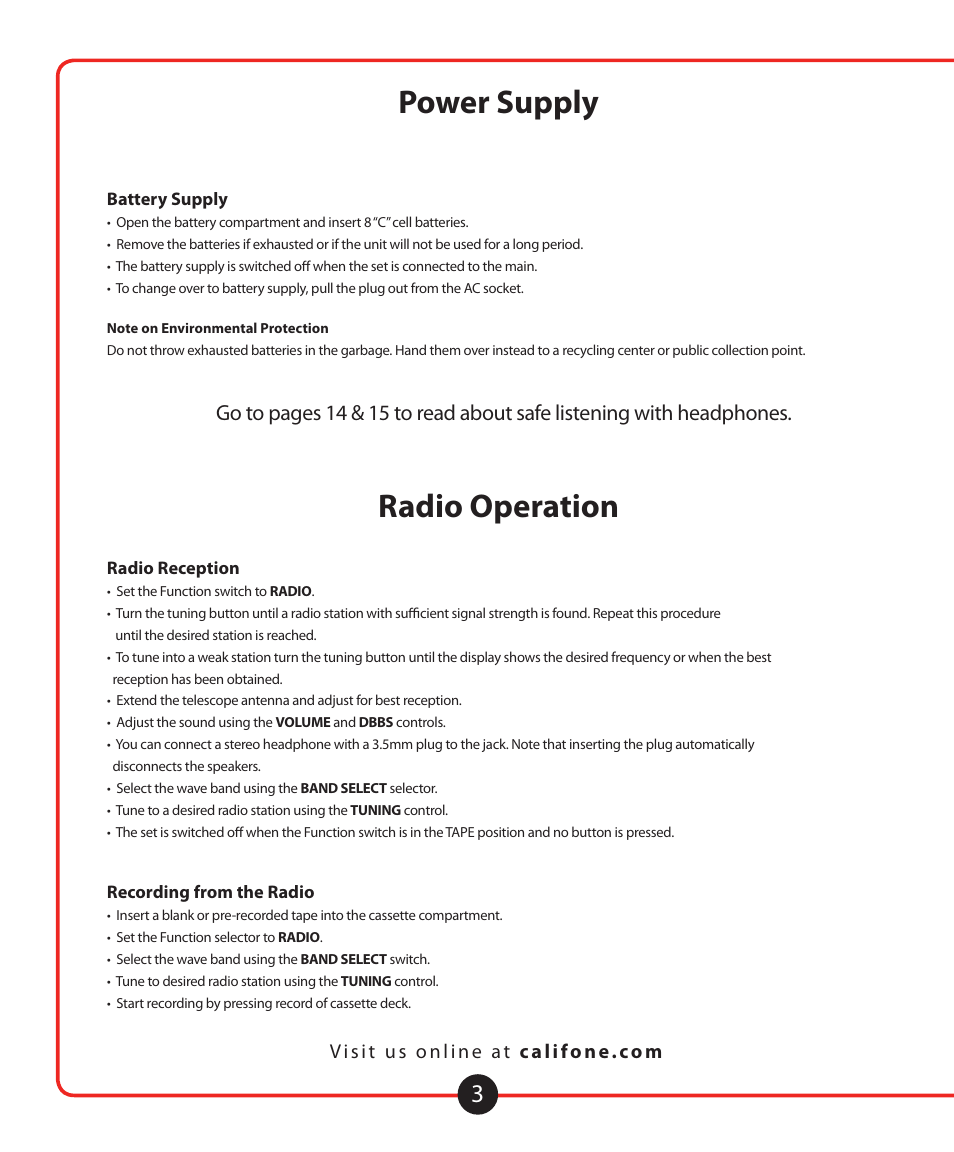 Compact disc operation power supply, Radio operation | Califone 1776 User Manual | Page 4 / 16