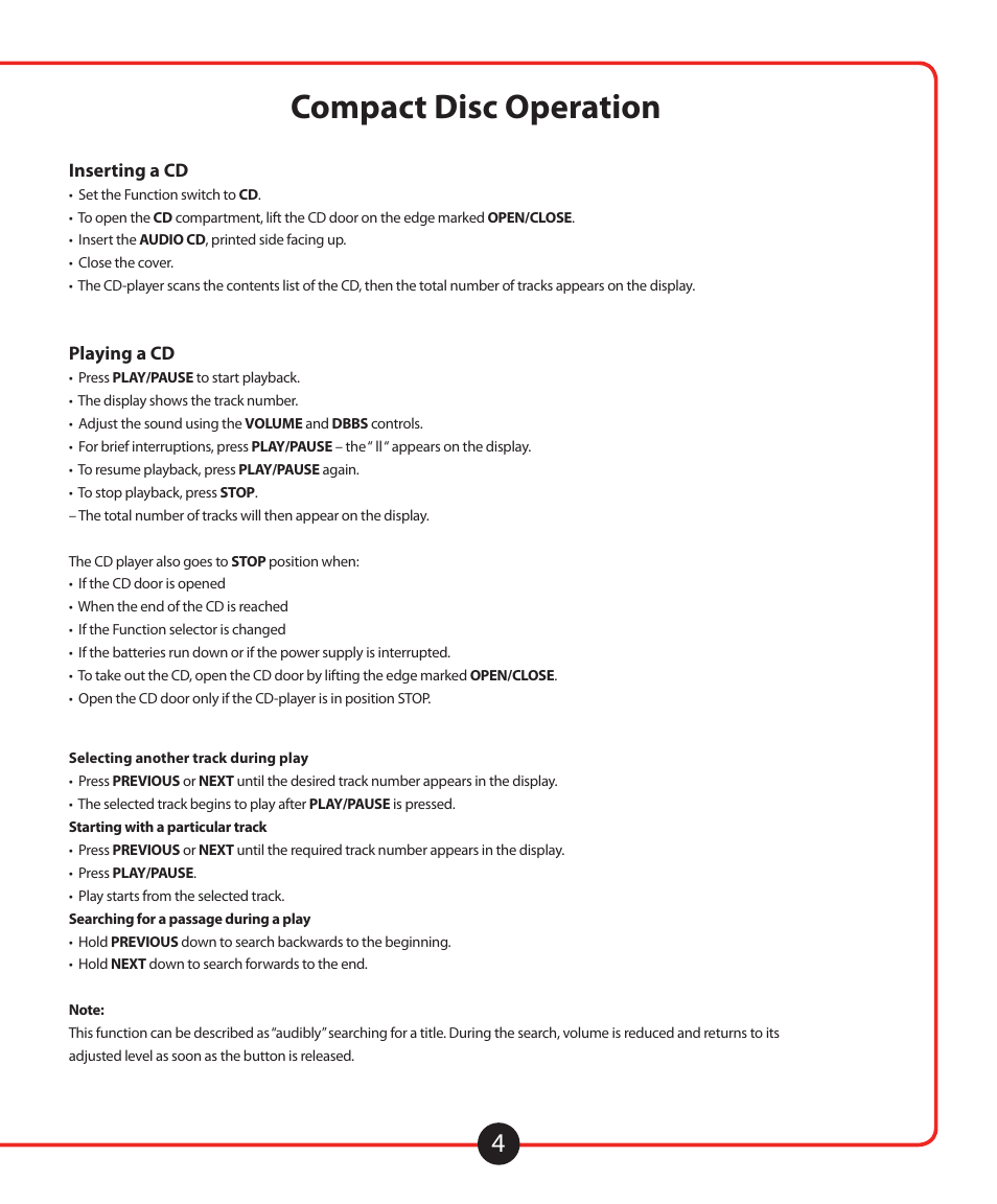 Compact disc operation power supply, Radio operation | Califone 1776 User Manual | Page 5 / 16