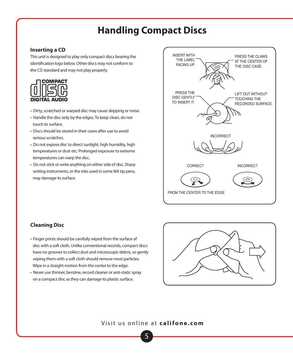 Handling compact discs, Cassette deck operation, Inserting a cd | Cleaning disc | Califone 1776 User Manual | Page 6 / 16